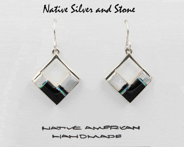 Z Kenneth Bitsie - Navajo<br>13/16" Earrings - Multi-Inlay<br>Squares on End<br>Mother of Pearl, Onyx,<br>& Opal<Hook>Sterling Silver