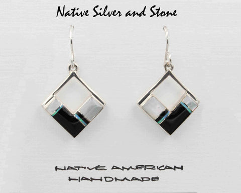 Z Kenneth Bitsie - Navajo<br>13/16" Earrings - Multi-Inlay<br>Squares on End<br>Mother of Pearl, Onyx,<br>& Opal<Hook>Sterling Silver