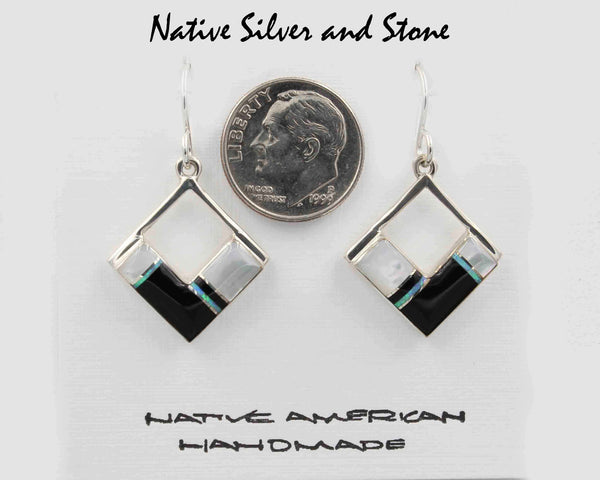 Z Kenneth Bitsie - Navajo<br>13/16" Earrings - Multi-Inlay<br>Squares on End<br>Mother of Pearl, Onyx,<br>& Opal<Hook>Sterling Silver