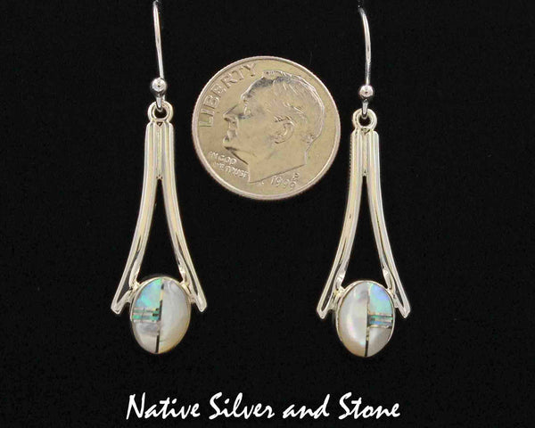 Z Kenneth Bitsie - Navajo<br>1-3/4" Earrings<br>Wishbone Ovals<br>Mother of Pearl & Opal<br> Hook<br> Sterling Silver