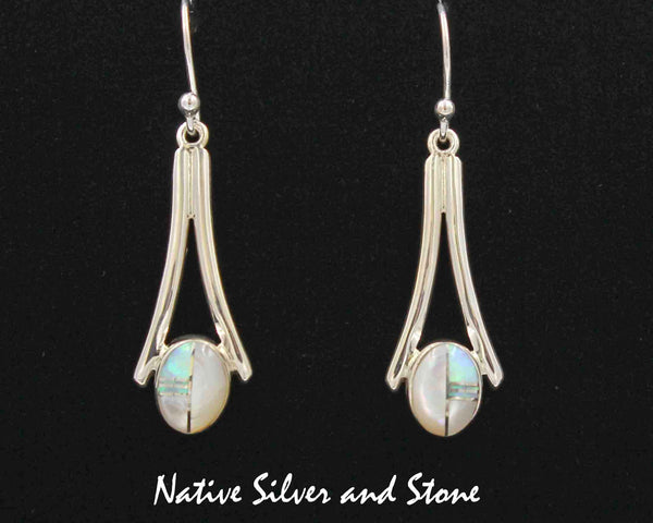 Z Kenneth Bitsie - Navajo<br>1-3/4" Earrings<br>Wishbone Ovals<br>Mother of Pearl & Opal<br> Hook<br> Sterling Silver