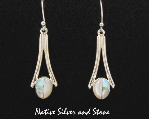 Z Kenneth Bitsie - Navajo<br>1-3/4" Earrings<br>Wishbone Ovals<br>Mother of Pearl & Opal<br> Hook<br> Sterling Silver