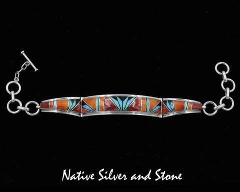 Z Kenneth Bitsie - Navajo<br>Bracelet Link<br>Red & Orange Spiny, Opal,<br>and Onyx<br>Sterling Silver