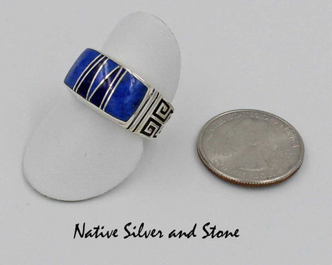 Z Kenneth Bitsie - Navajo<br>Ring<br>Greek Band Design<br>Multi-Inlay Lapis, Onyx<br>Sterling Silver<br>Size 10
