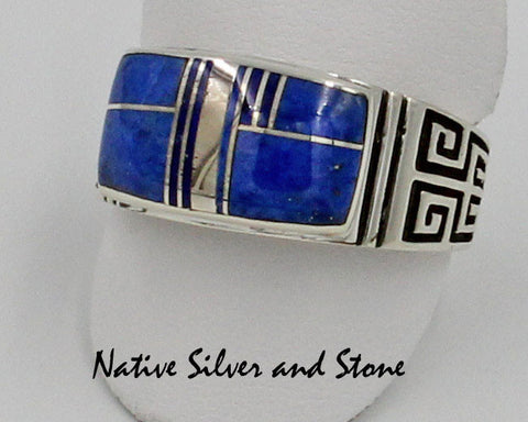 Z Kenneth Bitsie - Navajo<br>Native American Jewelry - Ring<br>Greek Band Design<br>Multi-Inlay Lapis, Onyx<br>Sterling Silver<br>XXXL Size 13-1/4