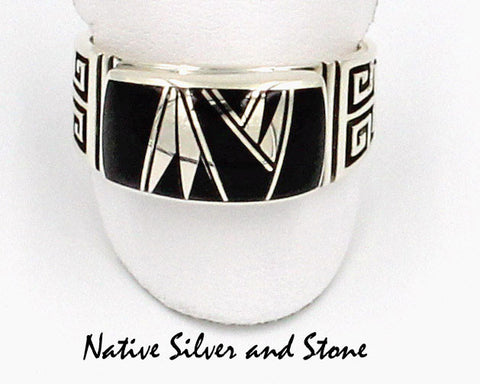 Z Kenneth Bitsie - Navajo<br>Ring<br>Greek Band Design<br>Multi-Inlay Onyx and Sterling Silver<br>XXXL Size 13-1/4