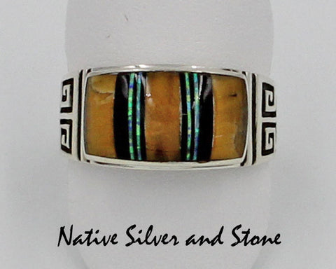 Z Kenneth Bitsie - Navajo<br>Ring<br>Greek Band Design<br>Multi-Inlay Tiger Eye, Onyx, and Opal<br>Sterling Silver<br>XXL Size 12-3/4