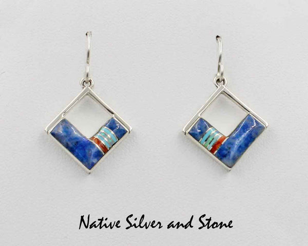 Kenneth Bitsie - Navajo<br>13/16" Earrings - Multi-Inlay<br>Squares on End<br>Denim Lapis, Turquoise<br>& Orange Spiny<br>Hook<br>Sterling Silver