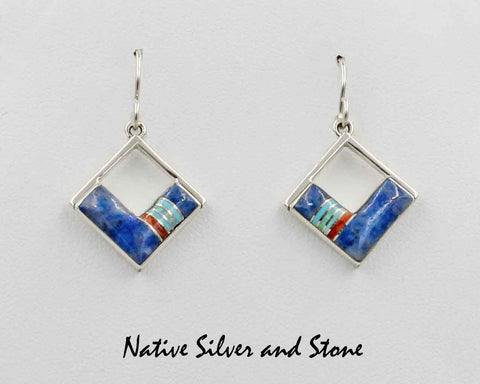 Kenneth Bitsie - Navajo<br>13/16" Earrings - Multi-Inlay<br>Squares on End<br>Denim Lapis, Turquoise<br>& Orange Spiny<br>Hook<br>Sterling Silver