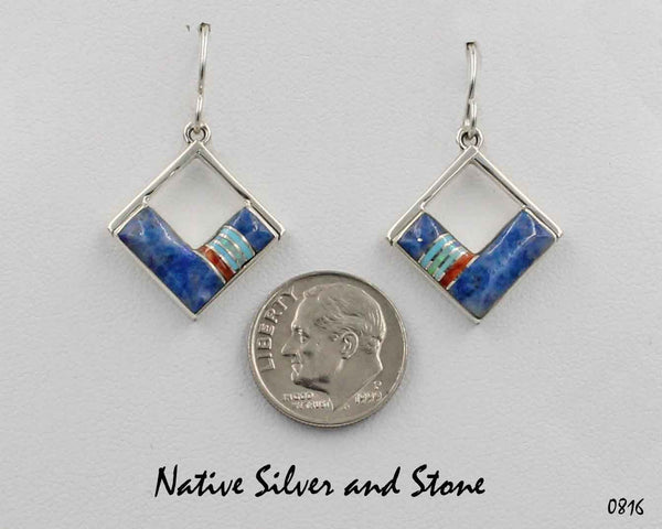 Kenneth Bitsie - Navajo<br>13/16" Earrings - Multi-Inlay<br>Squares on End<br>Denim Lapis, Turquoise<br>& Orange Spiny<br>Hook<br>Sterling Silver