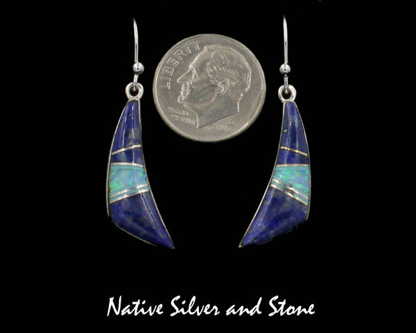 Kenneth Bitsie - Navajo<br>1" Earrings<br>"Comma"<br>Lapis Lazuli, Opal, & Silver<br>Hook<br>Sterling Silver