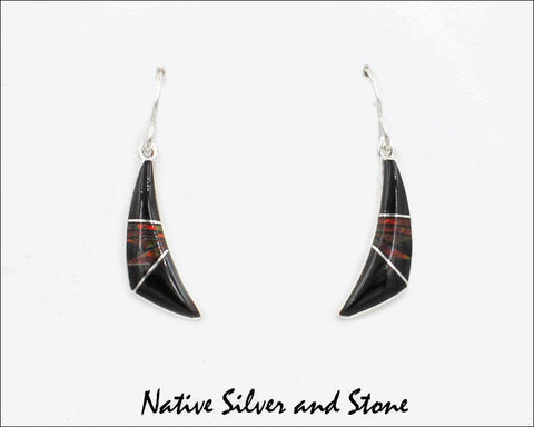 Kenneth Bitsie - Navajo<br>1" Earrings<br>"Comma"<br>Onyx, Black Cherry Fire Opal<br>Hook<br>Sterling Silver