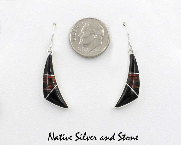 Kenneth Bitsie - Navajo<br>1" Earrings<br>"Comma"<br>Onyx, Black Cherry Fire Opal<br>Hook<br>Sterling Silver