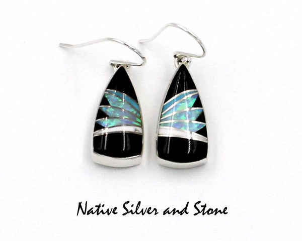 Z Kenneth Bitsie - Navajo<br>13/16" Earrings<br>Kenneth Bitsie - Navajo<br>1" Earrings<br>Feather-cut<br>Wide Spear (Soft Triangles)<br>Onyx, Magnesite, Opal<br>Hook<br>Sterling Silver