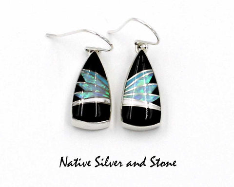 Z Kenneth Bitsie - Navajo<br>13/16" Earrings<br>Kenneth Bitsie - Navajo<br>1" Earrings<br>Feather-cut<br>Wide Spear (Soft Triangles)<br>Onyx, Magnesite, Opal<br>Hook<br>Sterling Silver