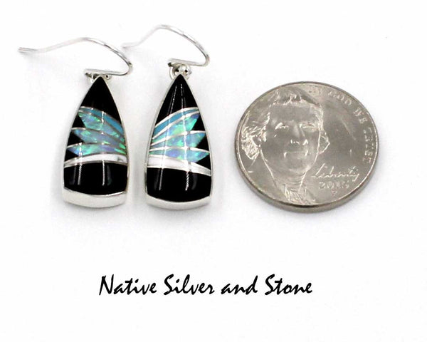 Z Kenneth Bitsie - Navajo<br>13/16" Earrings<br>Kenneth Bitsie - Navajo<br>1" Earrings<br>Feather-cut<br>Wide Spear (Soft Triangles)<br>Onyx, Magnesite, Opal<br>Hook<br>Sterling Silver