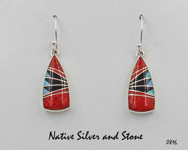 Z Kenneth Bitsie - Navajo Jewelry<br>Wide Spear (Soft Triangles)<br>Earrings - French Wire<br>Imitation Opal (Red), Onyx, Imitation Opal<br>Feathercut