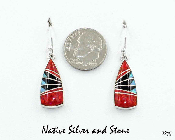 Z Kenneth Bitsie - Navajo Jewelry<br>Wide Spear (Soft Triangles)<br>Earrings - French Wire<br>Imitation Opal (Red), Onyx, Imitation Opal<br>Feathercut