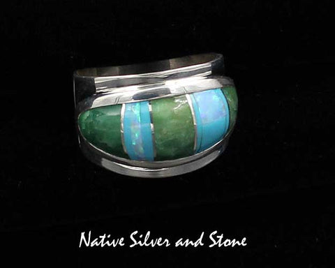 Z Kenneth Bitsie - Navajo<br>Ring - Cigar Band Design<br>Multi-Inlay Variscite,<br>Turquoise, & Opal<br>Sterling Silver<br>Size 8-3/4