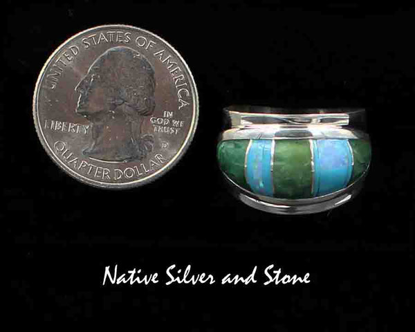 Z Kenneth Bitsie - Navajo<br>Ring - Cigar Band Design<br>Multi-Inlay Variscite,<br>Turquoise, & Opal<br>Sterling Silver<br>Size 8-3/4