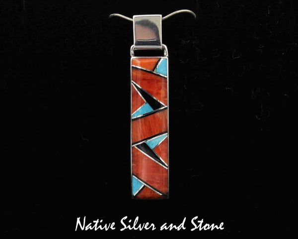 Kenneth Bitsie - Navajo<br>1-1/2" Pendant - Arrowhead<br>Multi-Inlay Rectangle<br>Red Spiny Oyster, Turquoise, & Jet<br>Sterling Silver