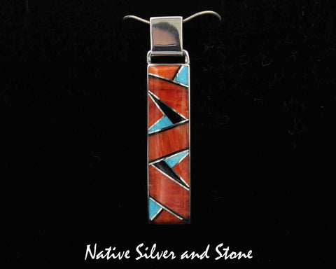 Kenneth Bitsie - Navajo<br>1-1/2" Pendant - Arrowhead<br>Multi-Inlay Rectangle<br>Red Spiny Oyster, Turquoise, & Jet<br>Sterling Silver