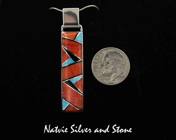 Kenneth Bitsie - Navajo<br>1-1/2" Pendant - Arrowhead<br>Multi-Inlay Rectangle<br>Red Spiny Oyster, Turquoise, & Jet<br>Sterling Silver
