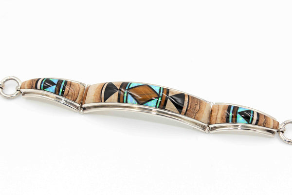 Z Kenneth Bitsie - Navajo<br>Bracelet Link Inlay<br>Picture Jasper, Tiger Eye, Onyx<br>and Opal<br>Sterling Silver