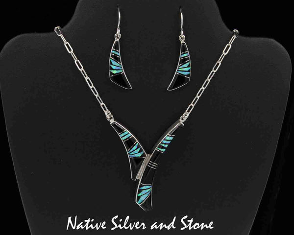 Z Kenneth Bitsie - Navajo Jewelry<br>"Comma" Set - Necklace & Earrings - French Wire<br>Onyx, Opal, & Silver Inlay<br>Feathercut