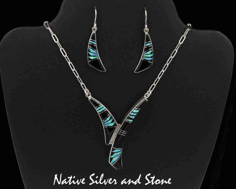 Z Kenneth Bitsie - Navajo Jewelry<br>"Comma" Set - Necklace & Earrings - French Wire<br>Onyx, Opal, & Silver Inlay<br>Feathercut