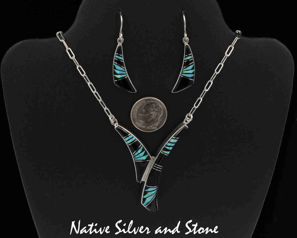 Z Kenneth Bitsie - Navajo Jewelry<br>"Comma" Set - Necklace & Earrings - French Wire<br>Onyx, Opal, & Silver Inlay<br>Feathercut