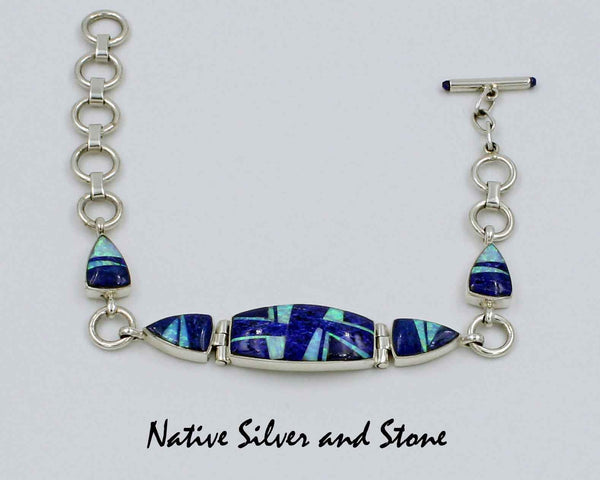 Z Kenneth Bitsie - Navajo<br>Bracelet Link Inlay<br>Lapis Lazuli & Opal<br>Sterling Silver