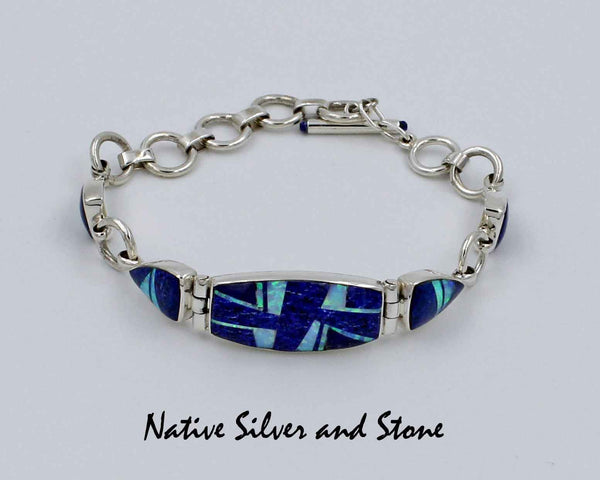 Z Kenneth Bitsie - Navajo<br>Bracelet Link Inlay<br>Lapis Lazuli & Opal<br>Sterling Silver