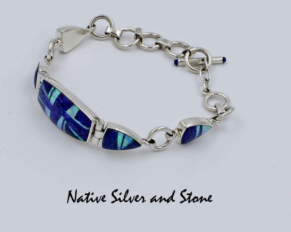 Z Kenneth Bitsie - Navajo<br>Bracelet Link Inlay<br>Lapis Lazuli & Opal<br>Sterling Silver