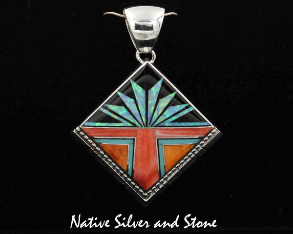 Z Kenneth Bitsie - Navajo<br>Pendant Feather-Cut Inlay<br>Red & Orange Spiny,<br>Onyx, Opal, & Turquoise<br>in Sawcut Sterling Silver