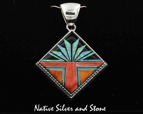 Z Kenneth Bitsie - Navajo<br>Pendant Feather-Cut Inlay<br>Red & Orange Spiny,<br>Onyx, Opal, & Turquoise<br>in Sawcut Sterling Silver