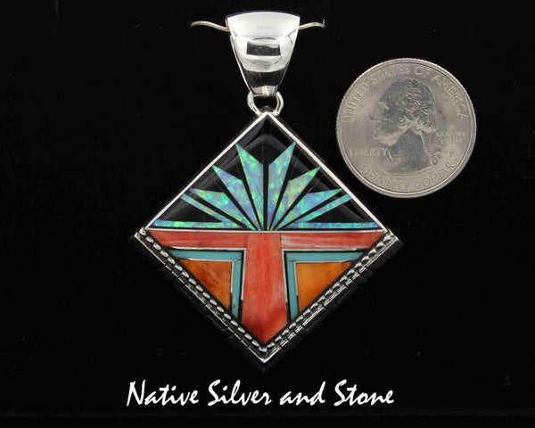 Z Kenneth Bitsie - Navajo<br>Pendant Feather-Cut Inlay<br>Red & Orange Spiny,<br>Onyx, Opal, & Turquoise<br>in Sawcut Sterling Silver