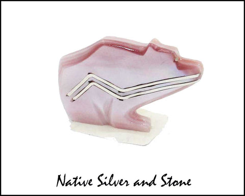 Z Bear on Fours<br>Zuni Fetish Carving<br>Kenny Chavez<br>Pink Mussel Shell<br>Sterling Silver