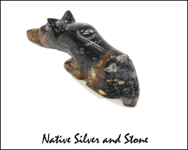 Z Kenny Chavez<br>Zuni Fetish Carving<br>Bushytail-Wolf<br>Picasso Marble<br>& Sterling Silver