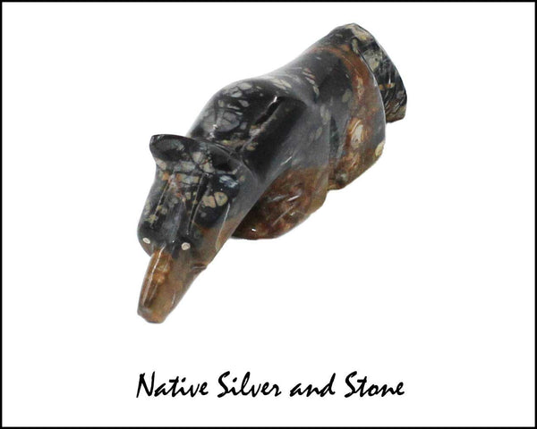 Z Kenny Chavez<br>Zuni Fetish Carving<br>Bushytail-Wolf<br>Picasso Marble<br>& Sterling Silver