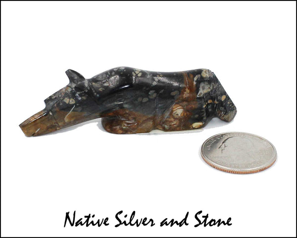 Z Kenny Chavez<br>Zuni Fetish Carving<br>Bushytail-Wolf<br>Picasso Marble<br>& Sterling Silver