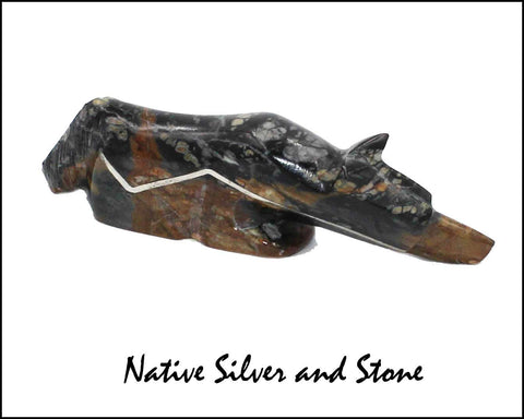 Z Kenny Chavez<br>Zuni Fetish Carving<br>Bushytail-Wolf<br>Picasso Marble<br>& Sterling Silver