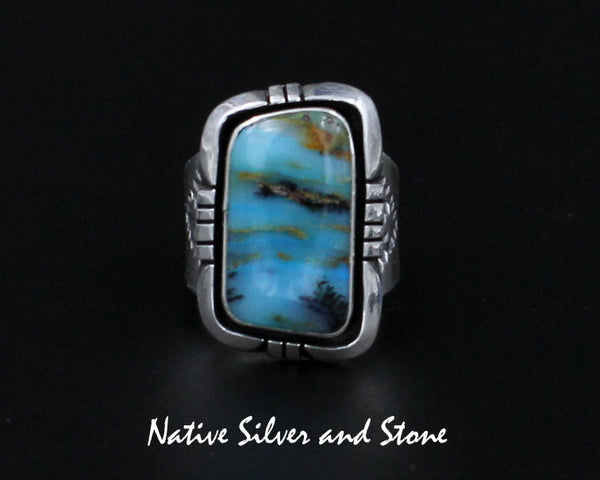 Z L Bruce Hodgins, Navajo (Deceased)<br>Ring - Natural Peruvian Opal<br>Handmade Sterling Silver<br>Sawcut & Shadowbox<br>Size 9-1/2