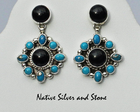 Z Lyle Piaso - Navajo<br>Earrings - Dangle Post<br>Small Turquoise Ovals and<br>Medium Onyx Circles<br>Sterling Silver