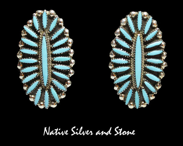 Z Miscellaneous Artist - LP - Zuni<br>1-1/16" Earrings - Oval<br>Needlepoint Turquoise<br>Sterling Silver