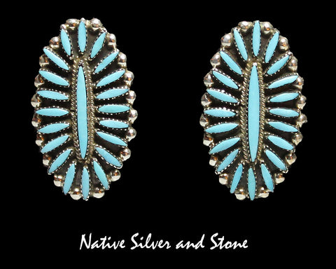 Z Miscellaneous Artist - LP - Zuni<br>1-1/16" Earrings - Oval<br>Needlepoint Turquoise<br>Sterling Silver
