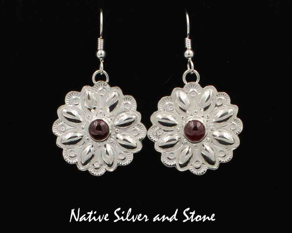 Z L Bruce Hodgins - Navajo - Deceased<br>1" Earrings<br>Repousse Rounds with Garnets<br> Sterling Silver & Stamped<br>French Wire