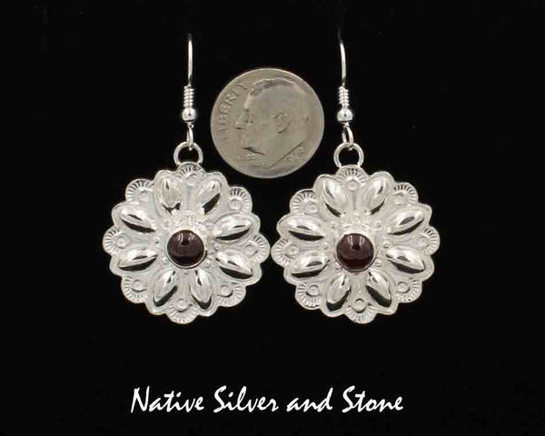 Z L Bruce Hodgins - Navajo - Deceased<br>1" Earrings<br>Repousse Rounds with Garnets<br> Sterling Silver & Stamped<br>French Wire