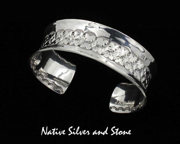 Z L Bruce Hodgins, Navajo (Deceased)<br>Bracelet - 1" Cuff<br>Anticlastic Sterling Silver<br>Double-Sided Overlay & Stamped<br>X Large 7-7/8"