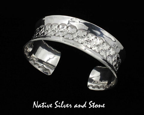 Z L Bruce Hodgins, Navajo (Deceased)<br>Bracelet - 1" Cuff<br>Anticlastic Sterling Silver<br>Double-Sided Overlay & Stamped<br>X Large 7-7/8"